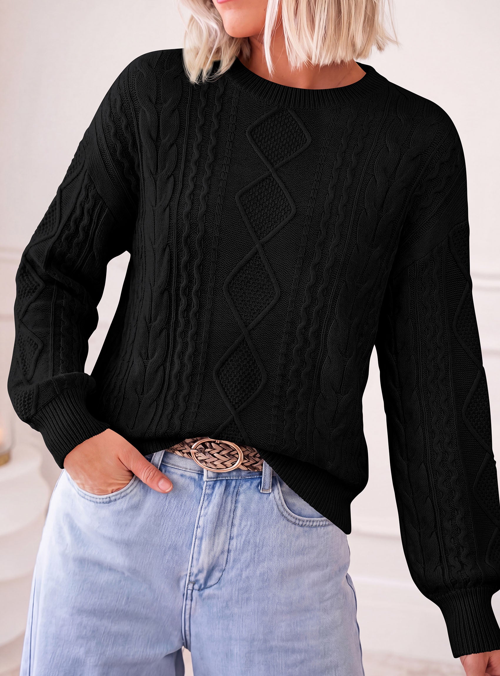 PRETTYGARDEN Womens Cable Knit Sweater Crewneck Pullover | Soft Ribbed Cuffs,Relaxed Fit Long Sleeve Sweaters,Chunky Diamond,Warm Layering,Comfy Daily Wear,Fall Winter Going out Top