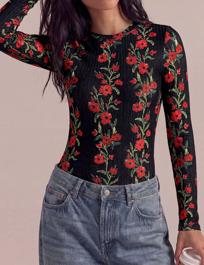 PRETTYGARDEN Womens Long Sleeve Shirts Floral Y2K Tops | Soft Lightweight Ribbed Knit Top,Fitted Waist,Crew Neck Slim Fit,Going Out Vacation Outfits,Layering Fall Winter Clothes