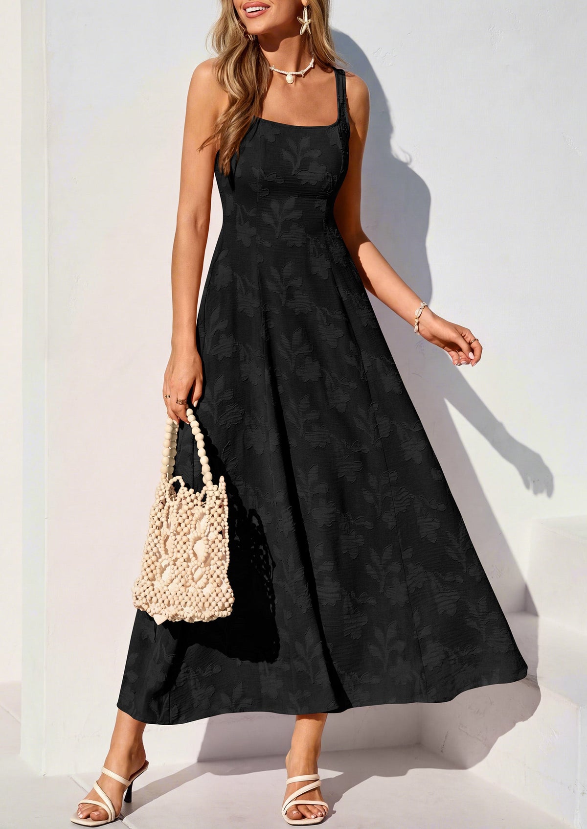 PRETTYGARDEN Womens Summer Maxi Dresses 2026 Casual Sleeveless Square Neck Jacquard Flowy Wedding Guest Beach Boho Long Dress PRETTYGARDEN