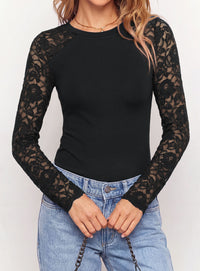 PRETTYGARDEN Sheer Lace Raglan Long Sleeve Shirts for Women | Soft Stretchy Knit,See Through Floral Sleeves,Crewneck Fitted Tshirts,Daily Going Out Tops,Office Layer,Fall Fashion Clothing