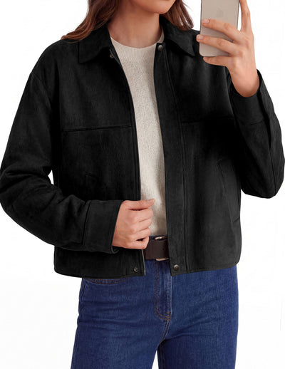 PRETTYGARDEN Women's Faux Suede Cropped Fall Jackets | Soft Zip Up Coats,Classic Lapel Collar,Button Down Shacket,Oversized Casual Outerwear,Trendy Winter Clothes with Pockets