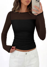 PRETTYGARDEN Women's 2026 Fall Long Sleeve T Shirts Sheer Mesh Boat Neck Ruched Fitted Going Out Summer Tops Fashion Clothing