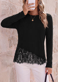 PRETTYGARDEN Women's Lace Patchwork Long Sleeve Shirts | Soft Casual Tops,Irregular Asymmetrical Hem,Crew Neck Thermal Blouses,Loose Fit Layer Tee,Fashion Fall Winter Daily Wear