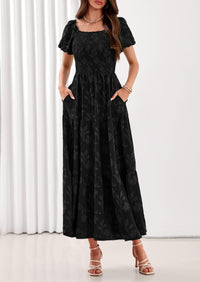 PRETTYGARDEN Women's 2026 Summer Boho Maxi Dresses Floral Short Sleeve Square Neck Smocked Flowy Long Dress Vacation Outfits PRETTYGARDEN