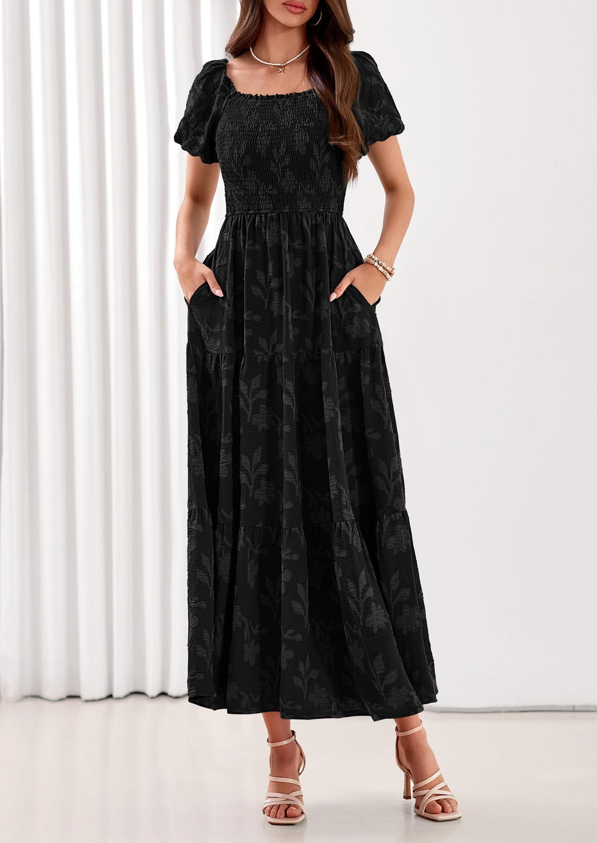 PRETTYGARDEN Women's 2026 Summer Boho Maxi Dresses Floral Short Sleeve Square Neck Smocked Flowy Long Dress Vacation Outfits PRETTYGARDEN