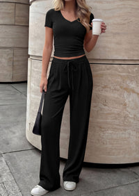 PRETTYGARDEN 2 Piece Sets for Women Summer 2026 Spring Lounge Set Matching V Neck Tops Wide Leg Pants Airport Travel Outfits PRETTYGARDEN