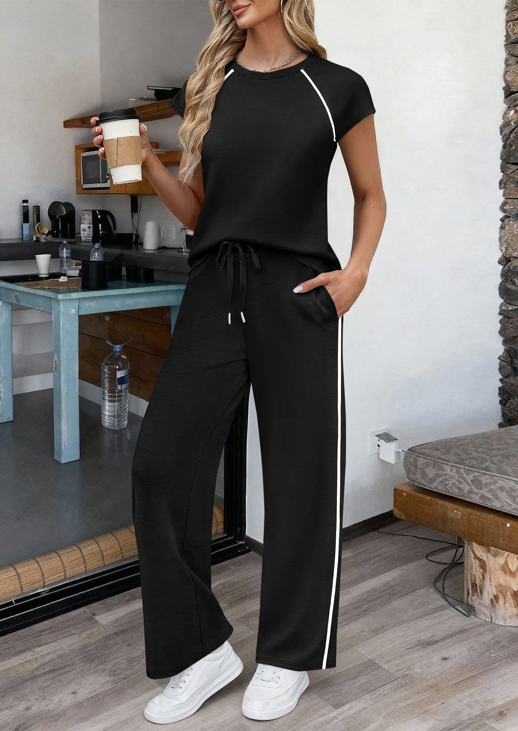 PRETTYGARDEN Women's 2 Piece Lounge Sets 2026 Summer Cap Sleeve Tops Wide Leg Pants Travel Outfits Matching Fashion Clothing PRETTYGARDEN