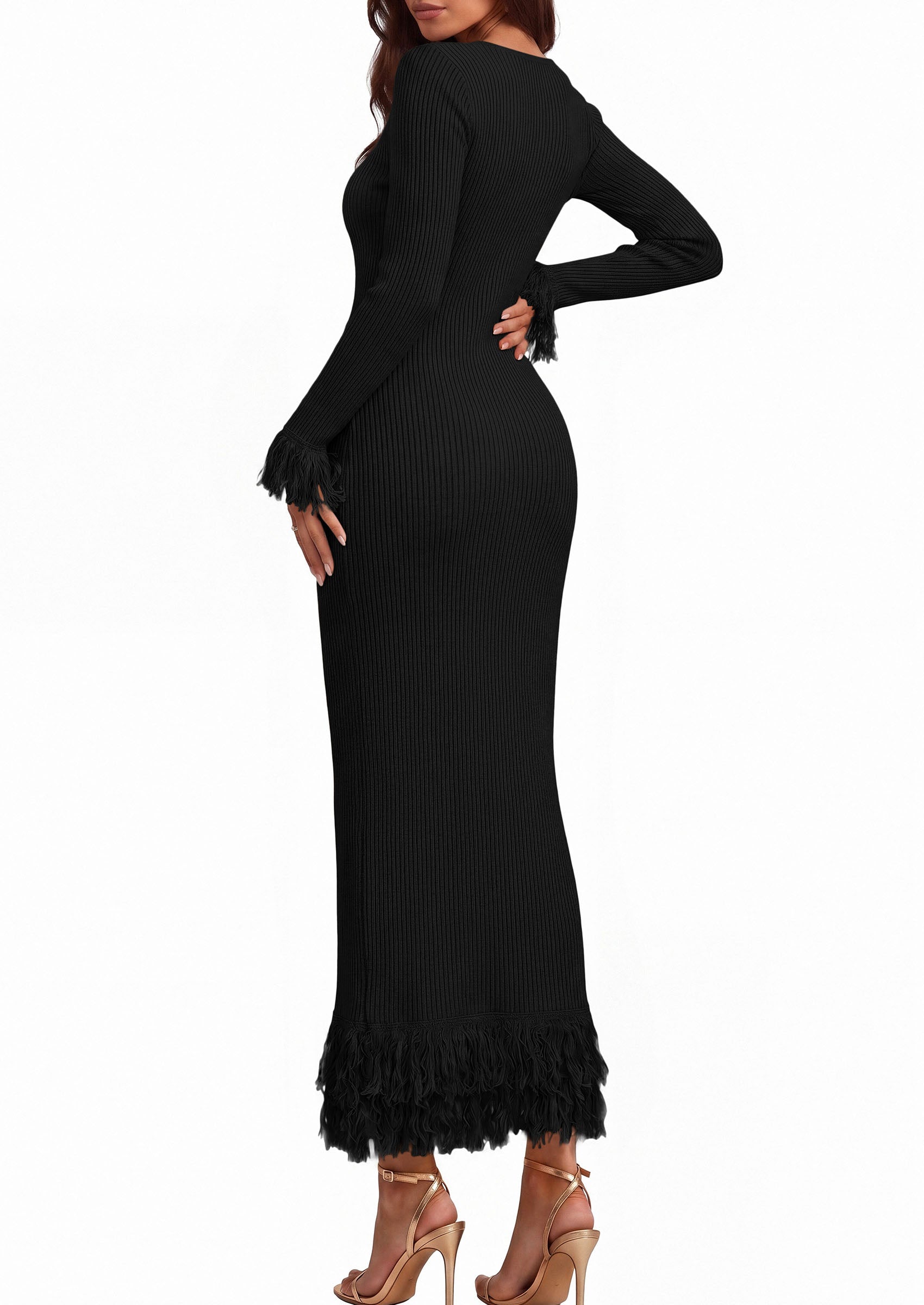 PRETTYGARDEN Womens Long Sleeve Bodycon Sweater Dress  Stretchy Ribbed Knit,Fringe Trim Cuffs & Hem,Slim Fit Crewneck,Date Night Outfits,Fall Winter Wedding Guest Cocktail Dresses