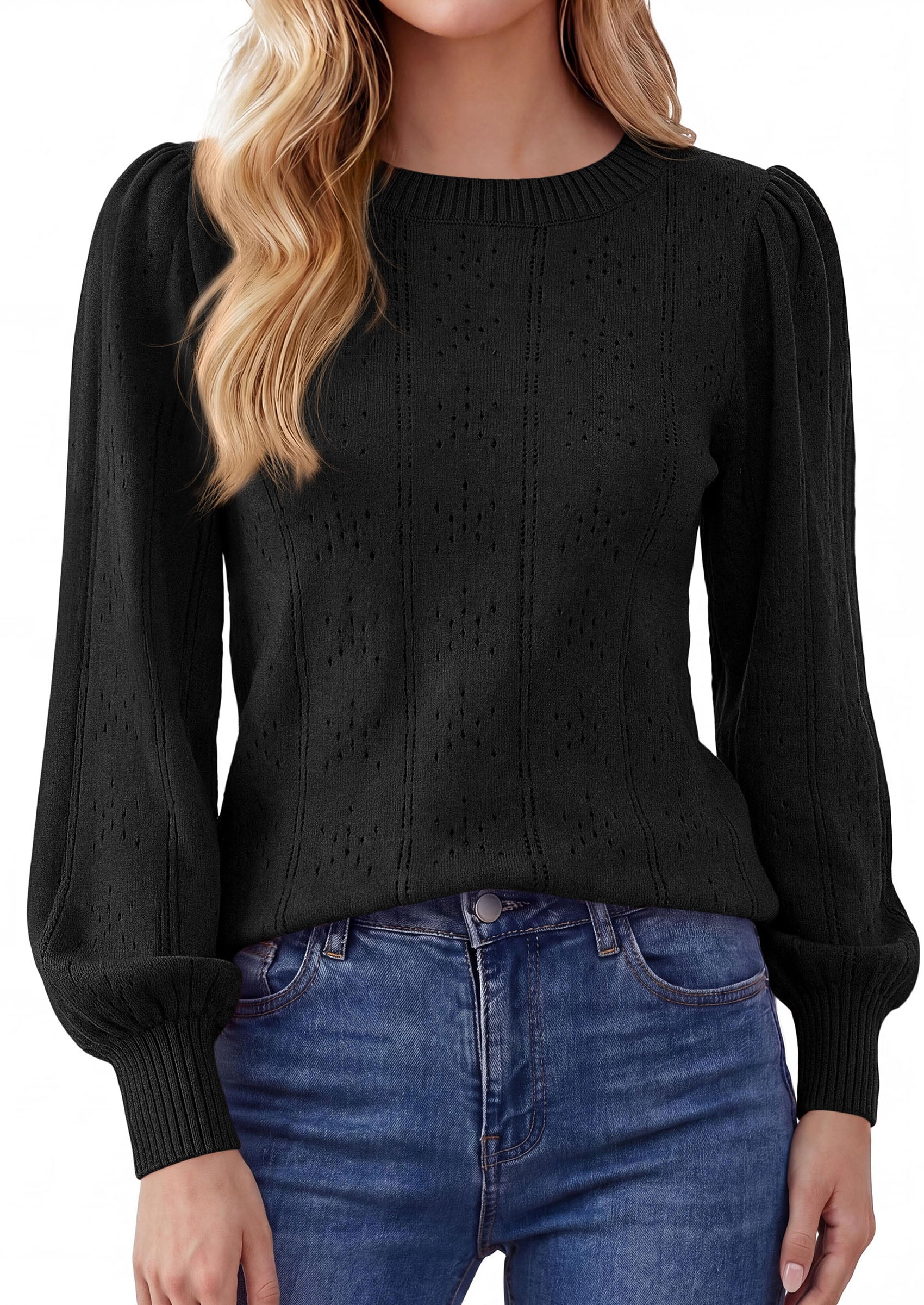 PRETTYGARDEN Women Fall Fashion Hollow Out Holiday Sweaters | Stretchy Cozy Knit, Puff Long Sleeve Pullover Tops, Crewneck Loose Fit, Dressy Casual Blouse, Trendy Winter Going Out Outfits