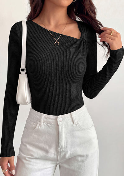 PRETTYGARDEN Womens 2026 Early Fall Fashion Long Sleeve T Shirts Asymmetrical Ribbed Fitted Trendy Going Out Tops Y2K Outfits