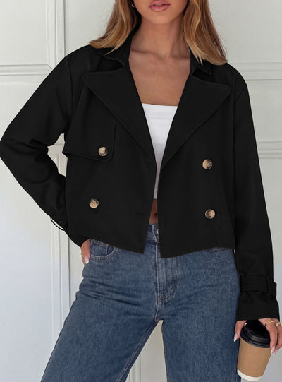 PRETTYGARDEN Cropped Trench Coat For Women Short Jacket  Soft Lightweight Coats, Lapel Double Breasted, Long Sleeve Loose Fit, Casual Work Office Jackets, Fall Winter Outwear