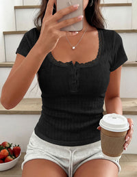 PRETTYGARDEN Summer Tops for Women 2026 Short Sleeve Lace Trim Slim Fitted Henley Tee Shirts Y2K Fashion Clothing PRETTYGARDEN