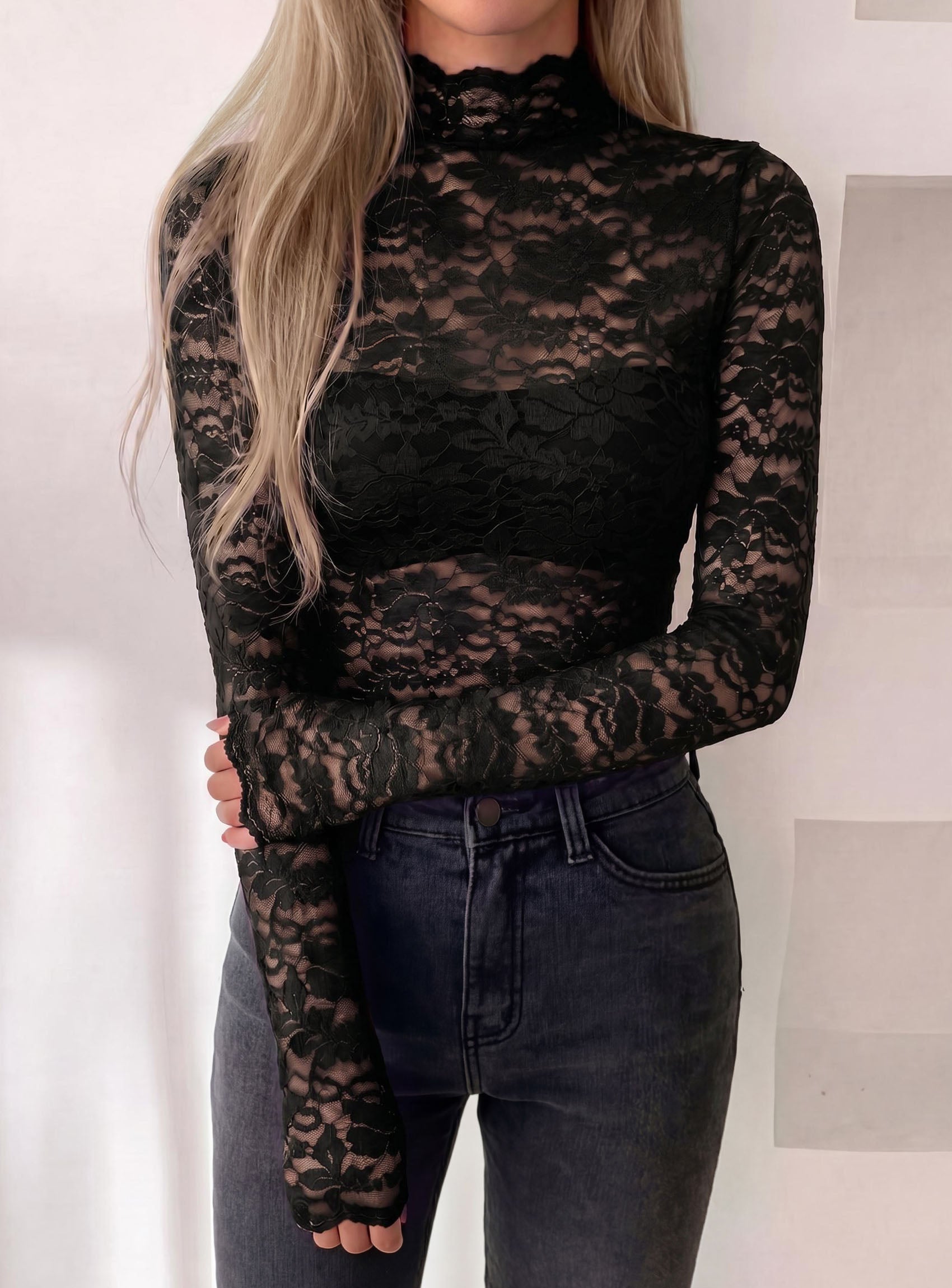 PRETTYGARDEN Womens Lace Long Sleeve Top Mesh Sheer Blouses Mock Neck See Through Slim Fitted Tops 2026 Fall Fashion Clothes