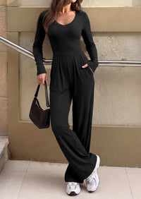 PRETTYGARDEN Womens Fall One Piece Long Sleeve Jumpsuit | Stretchy Ribbed Knit, Fashion Deep V Neck, Wide Leg Romper with Pockets, Work Business Casual Outfits, Trendy Winter Clothes