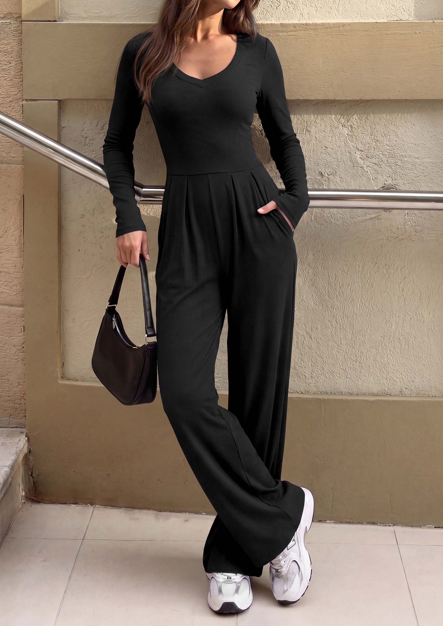 PRETTYGARDEN Womens Fall One Piece Long Sleeve Jumpsuit | Stretchy Ribbed Knit, Fashion Deep V Neck, Wide Leg Romper with Pockets, Work Business Casual Outfits, Trendy Winter Clothes