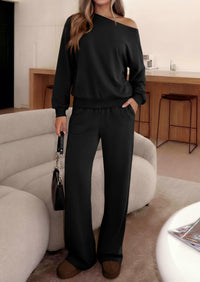 PRETTYGARDEN Womens 2 Piece Casual Matching Lounge Sets  Fashion Off the Shoulder Sweatshirt, Wide Leg Pants with Pockets, Comfy Airport Travel Outfit, 2026 Trendy Fall Set