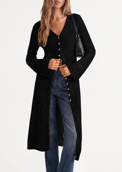 PRETTYGARDEN Women Long Cardigan Bell Sleeve Sweater Dress  Early Fall Fashion, V Neck Button Down Coats, Fit and Flare, Duster Sweater, Business Casual Outfits, Acrylic Cotton Blend