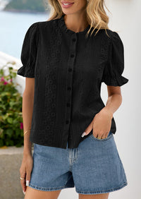 PRETTYGARDEN Womens Puff Short Sleeve Tops 2026 Summer Spring Button Down Boho Embroidered Cute Blouse Dressy Casual Shirts PRETTYGARDEN