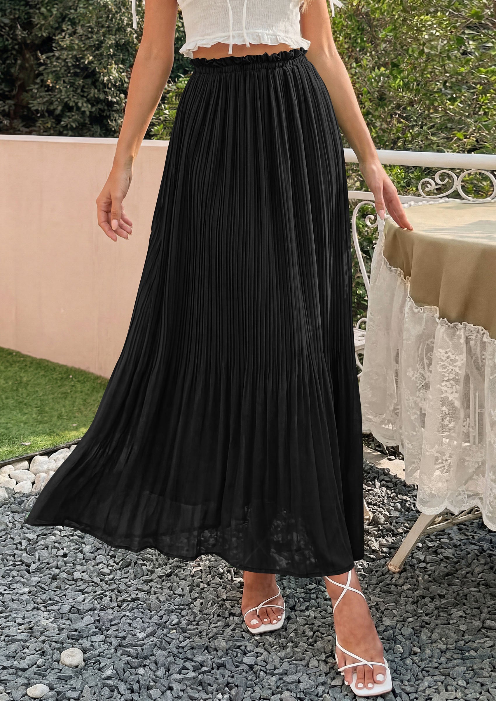 PRETTYGARDEN Pleated Long Skirts for Women Summer Vacation Outfits 2026 Spring Elastic Waisted Flowy Chiffon A-Line Midi Skirt PRETTYGARDEN