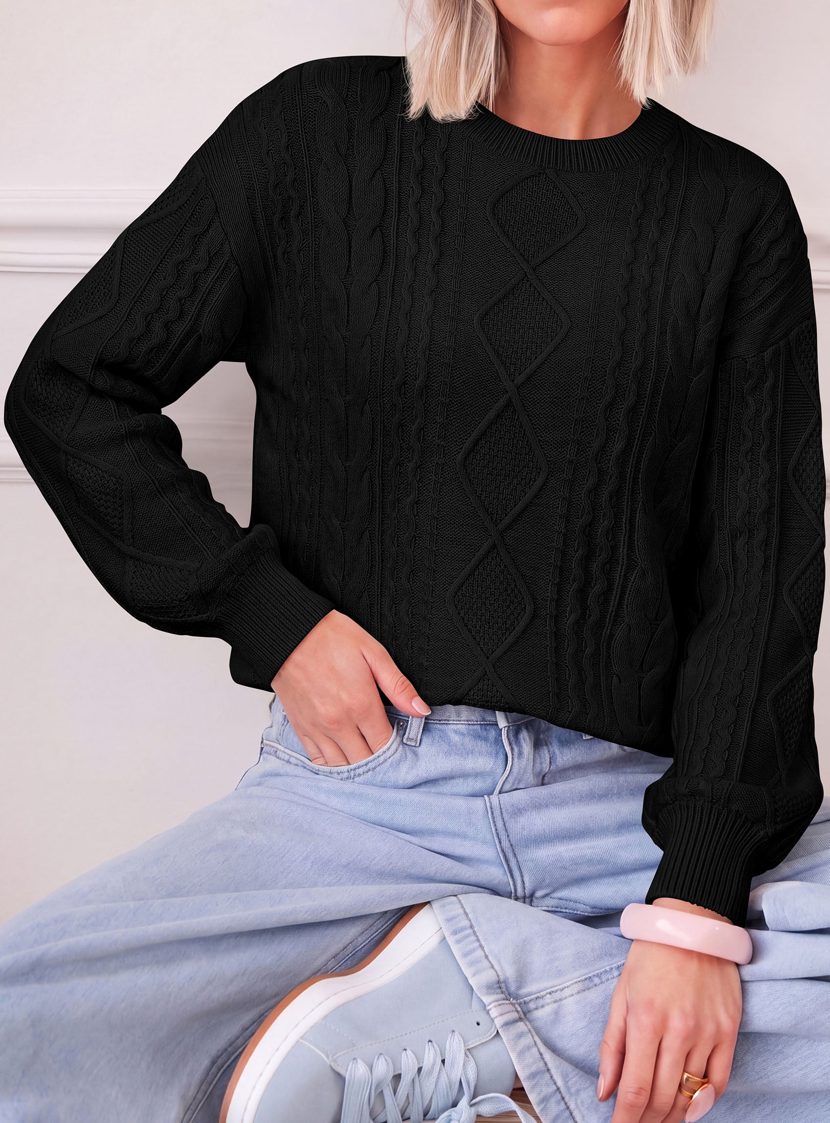 PRETTYGARDEN Womens Cable Knit Sweater Crewneck Pullover | Soft Ribbed Cuffs,Relaxed Fit Long Sleeve Sweaters,Chunky Diamond,Warm Layering,Comfy Daily Wear,Fall Winter Going out Top