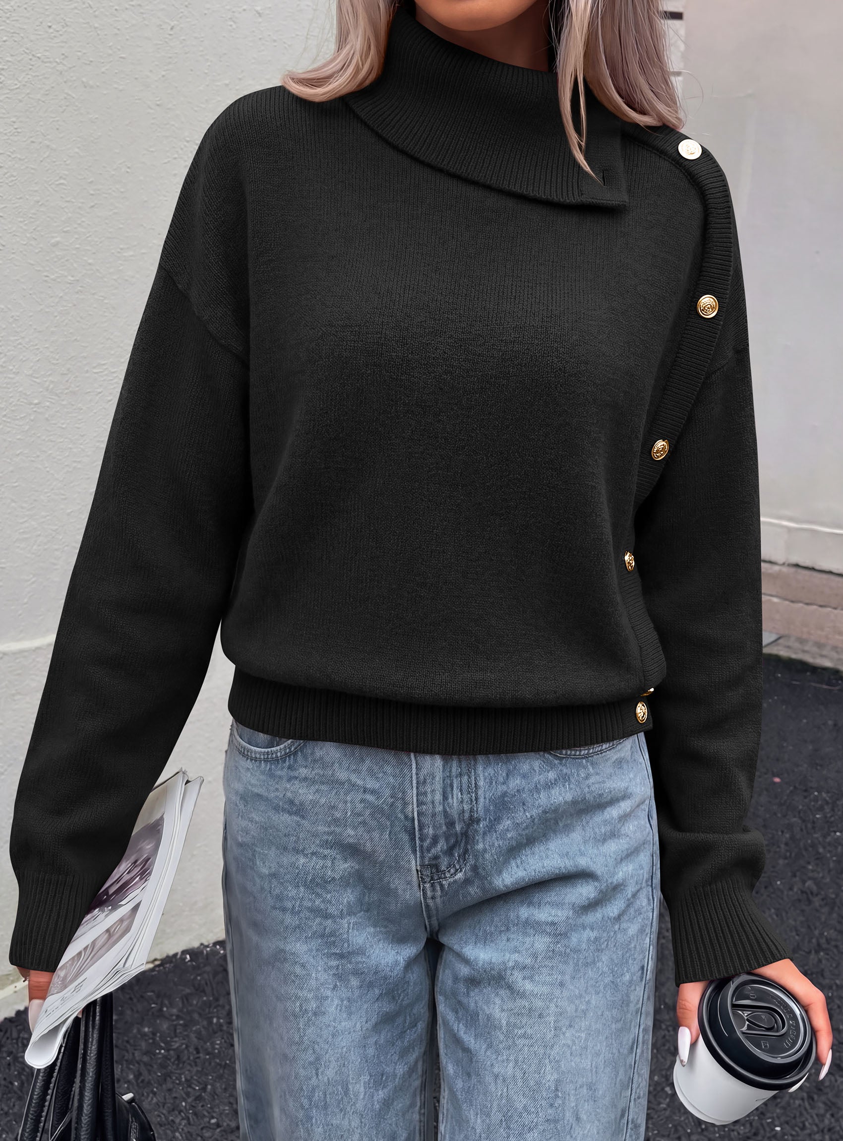 PRETTYGARDEN Womens Turtleneck Sweater Pullover Side Button Fall Clothes  Stretchy Knit,Dropped Shoulder,Ribbed Cuffs,Asymmetrical,Jumper Long Sleeve Tops,Work Office,2026 Winter Casual Outfits