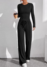 PRETTYGARDEN Womens 2 Piece Sets Long Sleeve Outfits  Soft Ribbed Knit, Loose Wide Leg Fit, Crop Top Drawstring High Waist Pants Set, Casual Lounge Travel, Matching Fall Clothes