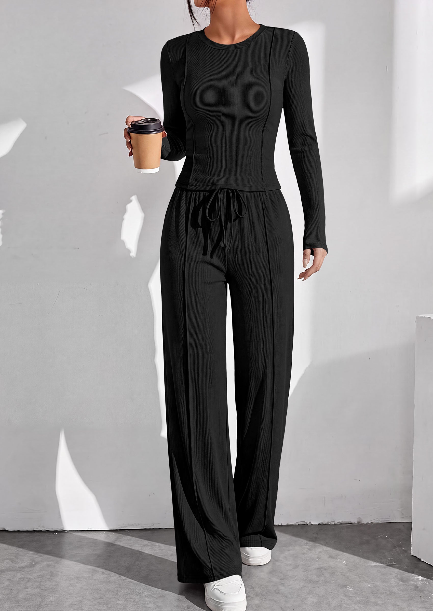 PRETTYGARDEN Womens 2 Piece Sets Long Sleeve Outfits  Soft Ribbed Knit, Loose Wide Leg Fit, Crop Top Drawstring High Waist Pants Set, Casual Lounge Travel, Matching Fall Clothes