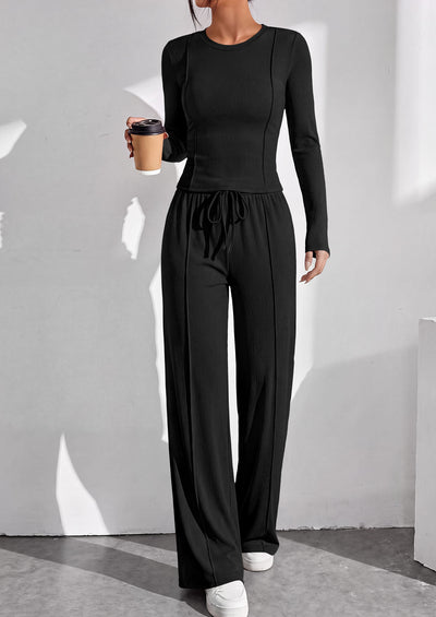 PRETTYGARDEN Womens 2 Piece Sets Long Sleeve Outfits  Soft Ribbed Knit, Loose Wide Leg Fit, Crop Top Drawstring High Waist Pants Set, Casual Lounge Travel, Matching Fall Clothes