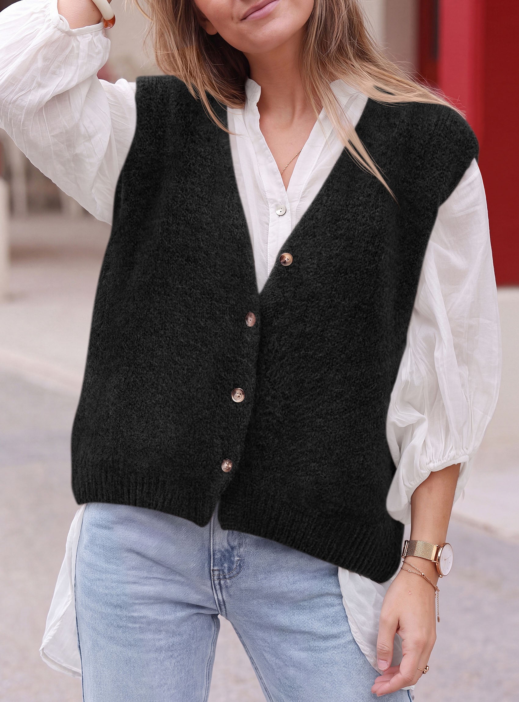 PRETTYGARDEN Womens Fall Sleeveless Button Down Sweater Vest  Soft Knit Fabric, Fashion Deep V Neck, Casual Loose Fit Sweater, Going Out Outfits, 2026 Trendy Winter Clothes