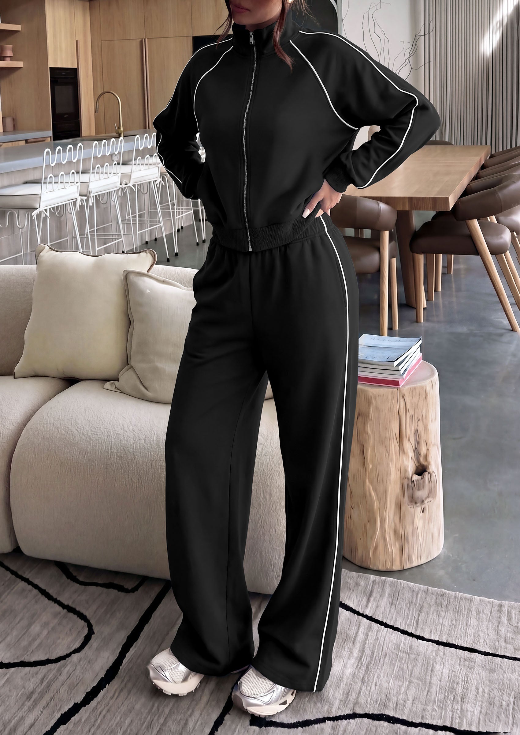 PRETTYGARDEN Women's 2 Piece Sweat Set Casual Fall Outfits | Zip Up Sweatshirt,Wide Leg Pants Sweatsuits,Side Stripes,Matching Lounge Sets,Athletic Wear for Airport,Jogging,Travel,Daily