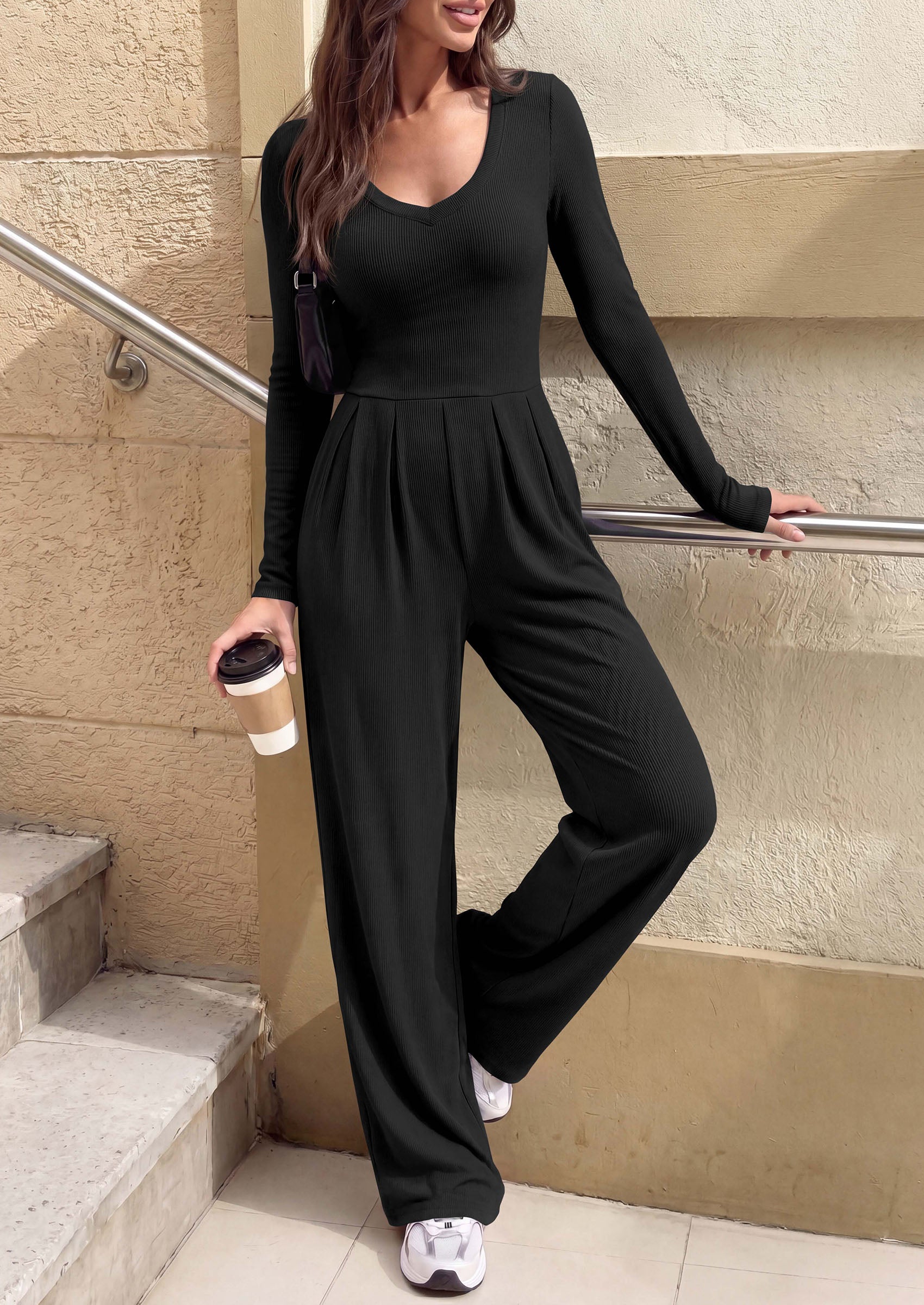 PRETTYGARDEN Womens Fall One Piece Long Sleeve Jumpsuit | Stretchy Ribbed Knit, Fashion Deep V Neck, Wide Leg Romper with Pockets, Work Business Casual Outfits, Trendy Winter Clothes