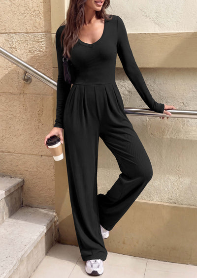 PRETTYGARDEN Womens Fall One Piece Long Sleeve Jumpsuit | Stretchy Ribbed Knit, Fashion Deep V Neck, Wide Leg Romper with Pockets, Work Business Casual Outfits, Trendy Winter Clothes