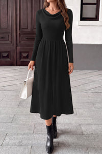 PRETTYGARDEN Women Casual Cowl Neck Long Sleeve Midi Dress