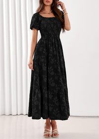 PRETTYGARDEN Women's 2026 Summer Boho Maxi Dresses Floral Short Sleeve Square Neck Smocked Flowy Long Dress Vacation Outfits PRETTYGARDEN