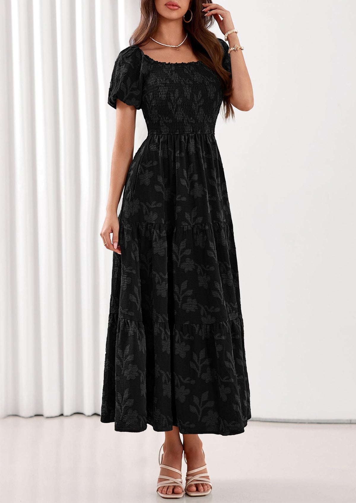 PRETTYGARDEN Women's 2026 Summer Boho Maxi Dresses Floral Short Sleeve Square Neck Smocked Flowy Long Dress Vacation Outfits PRETTYGARDEN