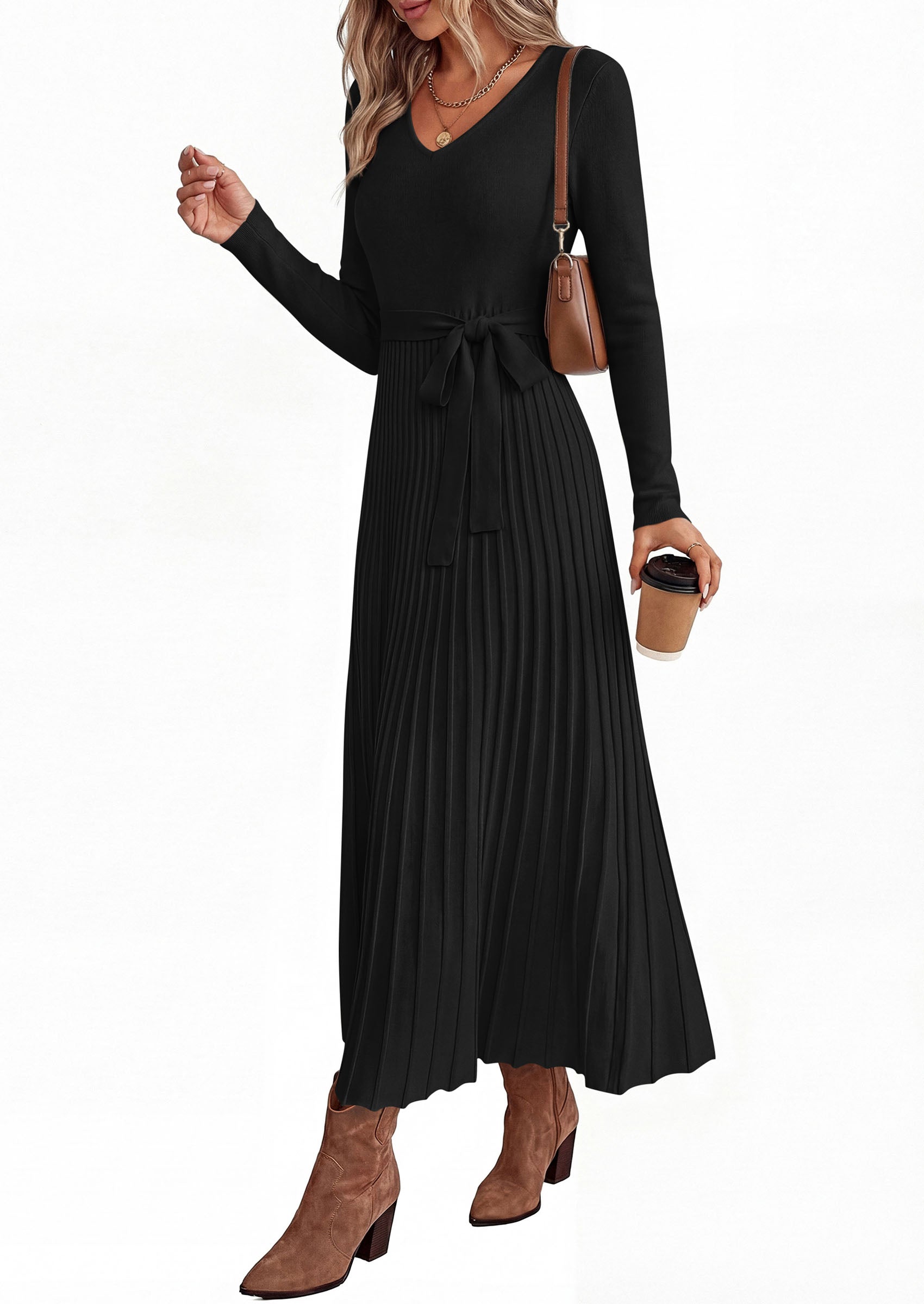 PRETTYGARDEN Womens Fall Maxi Long Sleeve Sweater Dress  Soft Stretchy Knit, V Neck A Line Dresses with Bow, Flowy Pleated Hem, Cocktail Party Outfits, Trendy Winter Clothes