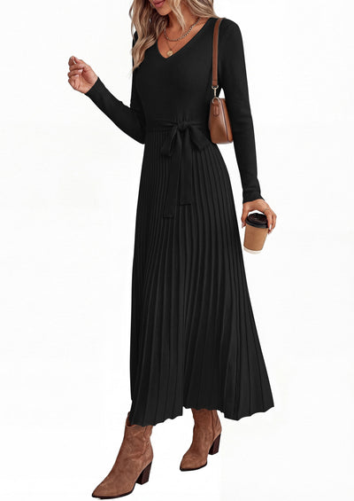 PRETTYGARDEN Womens Fall Maxi Long Sleeve Sweater Dress  Soft Stretchy Knit, V Neck A Line Dresses with Bow, Flowy Pleated Hem, Cocktail Party Outfits, Trendy Winter Clothes