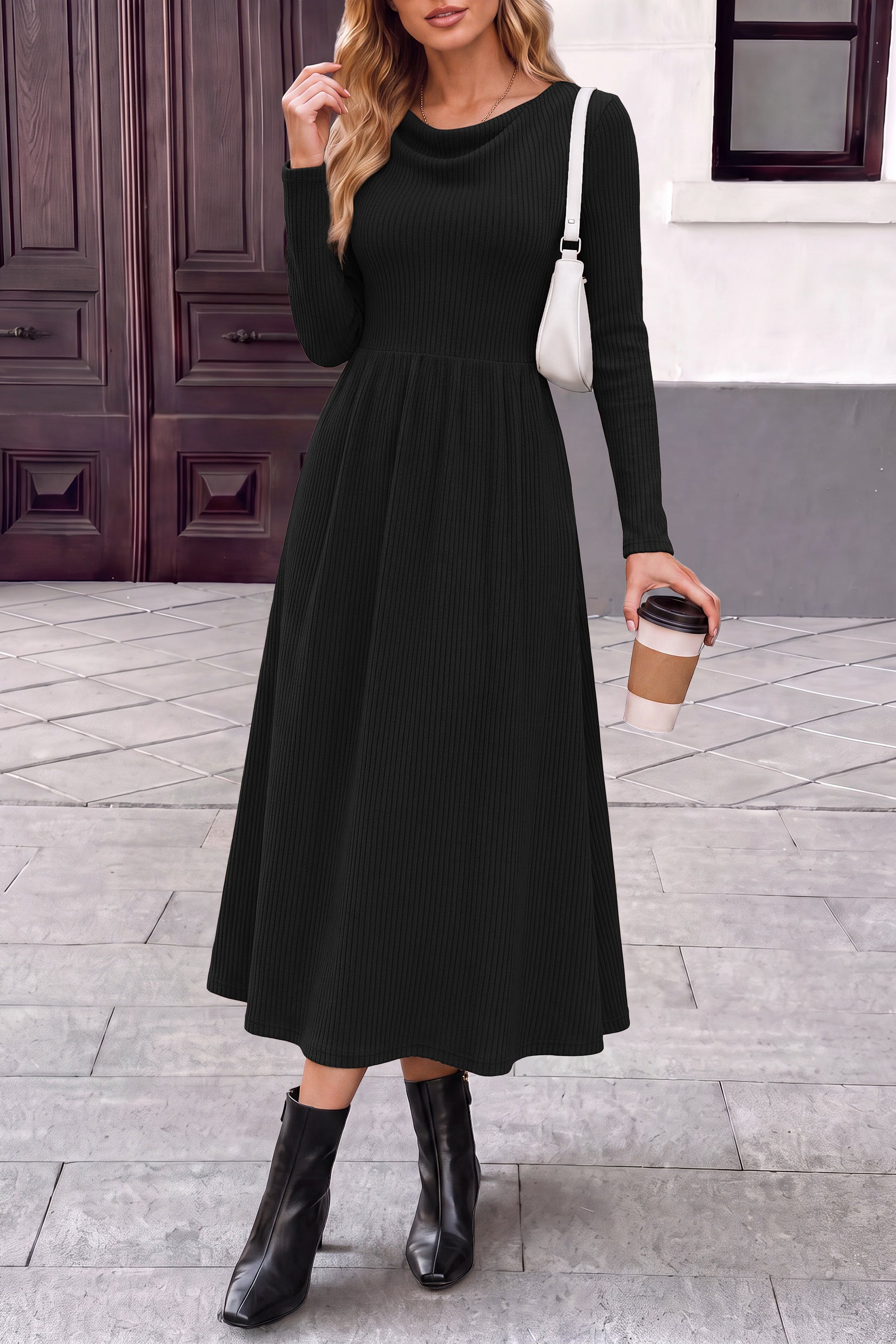 PRETTYGARDEN Women Casual Cowl Neck Long Sleeve Midi Dress