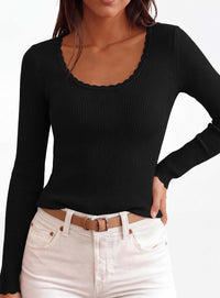 PRETTYGARDEN Women's Fall Lightweight Ribbed Knit Sweaters | Stretchy Cozy Knitwear,Scalloped Scoop Neck,Long Sleeve Shirts,Slim Fitted Pullover,Basic Layering Tops,Cute Casual Outfits