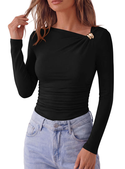 PRETTYGARDEN Long Sleeve Shirts for Women 2026 Ruched Knit Asymmetrical Tight Fitted Going Out Tops Y2k Fall Clothes