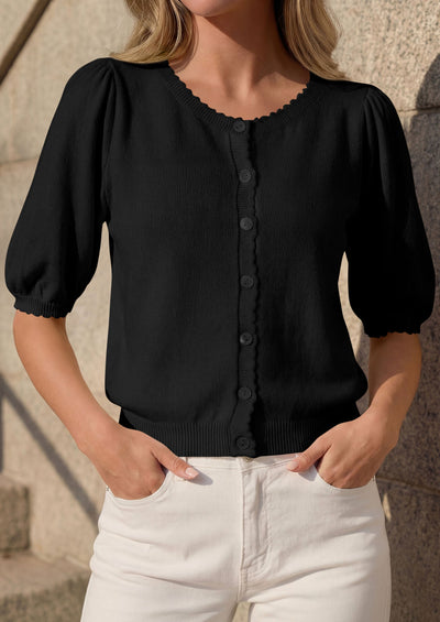 PRETTYGARDEN Puff Short Sleeve Cardigans for Women Lightweight 2026 Summer Shirts Button Up Knit Sweater Tops Spring Clothes PRETTYGARDEN