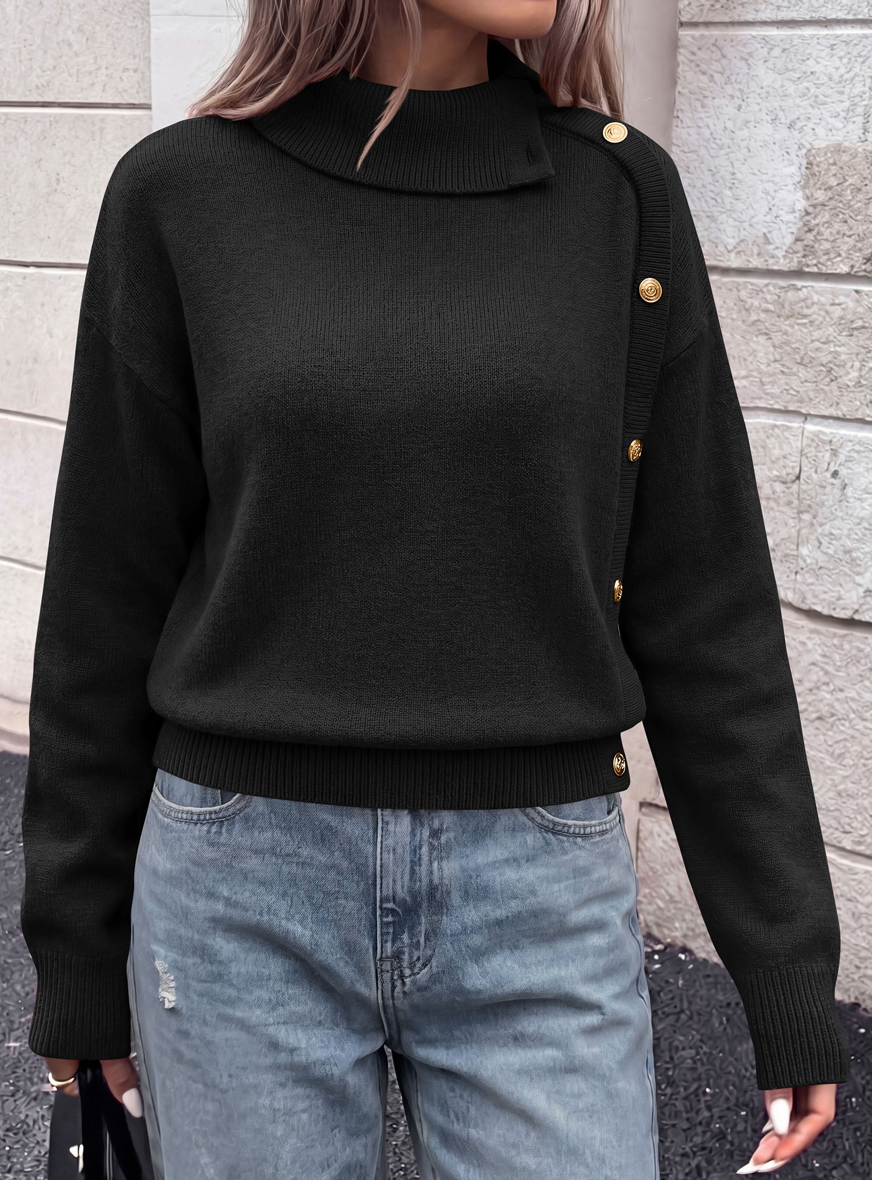 PRETTYGARDEN Womens Turtleneck Sweater Pullover Side Button Fall Clothes  Stretchy Knit,Dropped Shoulder,Ribbed Cuffs,Asymmetrical,Jumper Long Sleeve Tops,Work Office,2026 Winter Casual Outfits