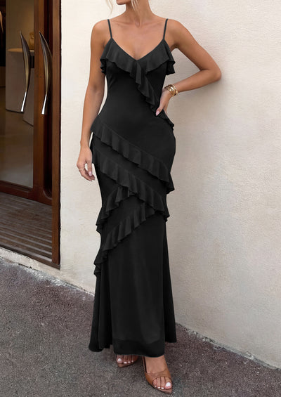 PRETTYGARDEN Women 2026 Wedding Guest Cocktail Maxi Dress Spaghetti Strap Sleeveless V Neck Bodycon Mesh Party Summer Outfits