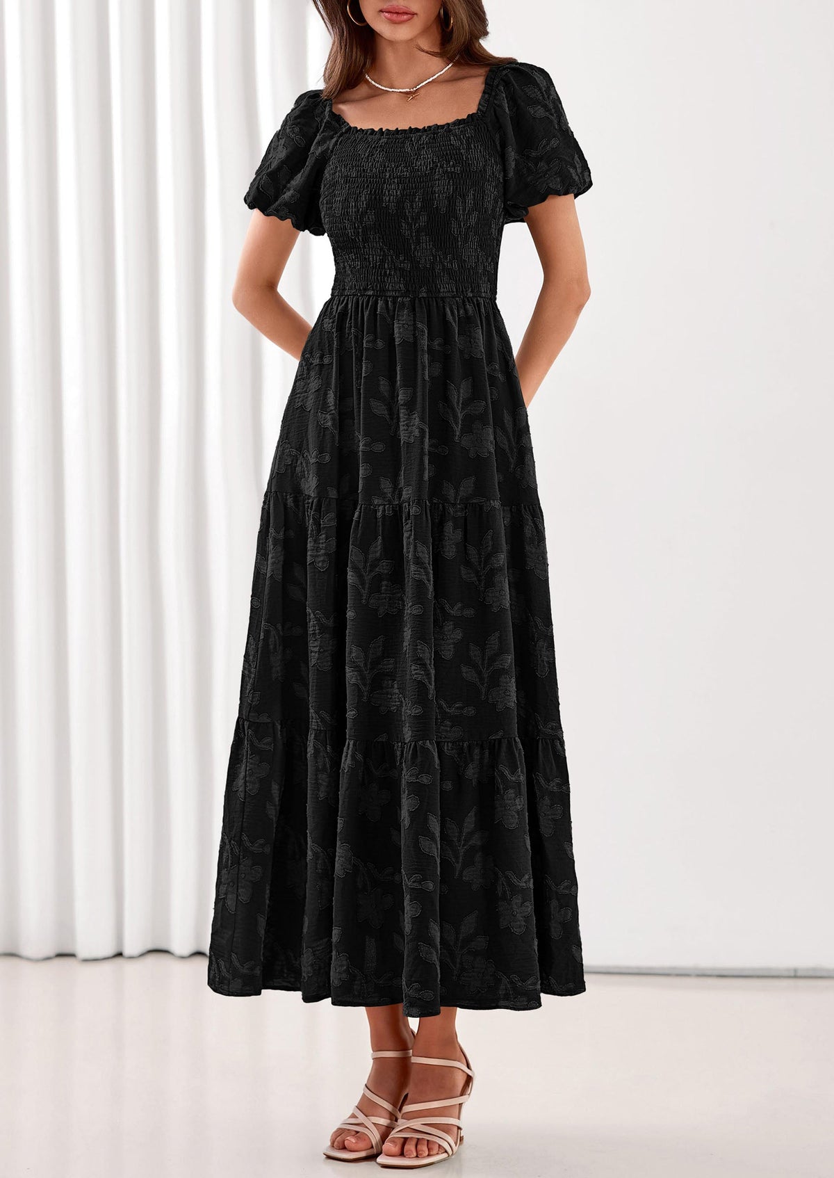 PRETTYGARDEN Women's 2026 Summer Boho Maxi Dresses Floral Short Sleeve Square Neck Smocked Flowy Long Dress Vacation Outfits PRETTYGARDEN