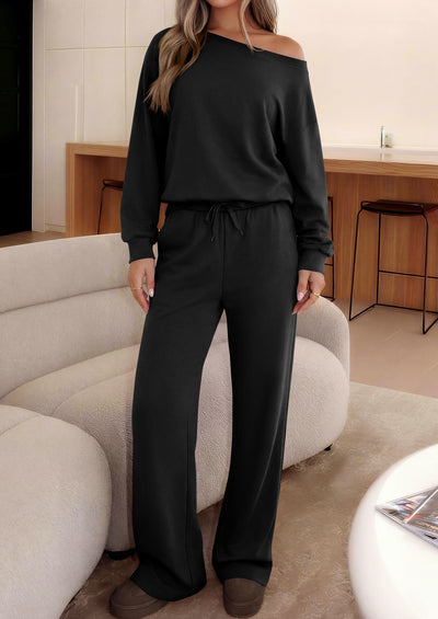 PRETTYGARDEN Womens 2 Piece Casual Matching Lounge Sets  Fashion Off the Shoulder Sweatshirt, Wide Leg Pants with Pockets, Comfy Airport Travel Outfit, 2026 Trendy Fall Set