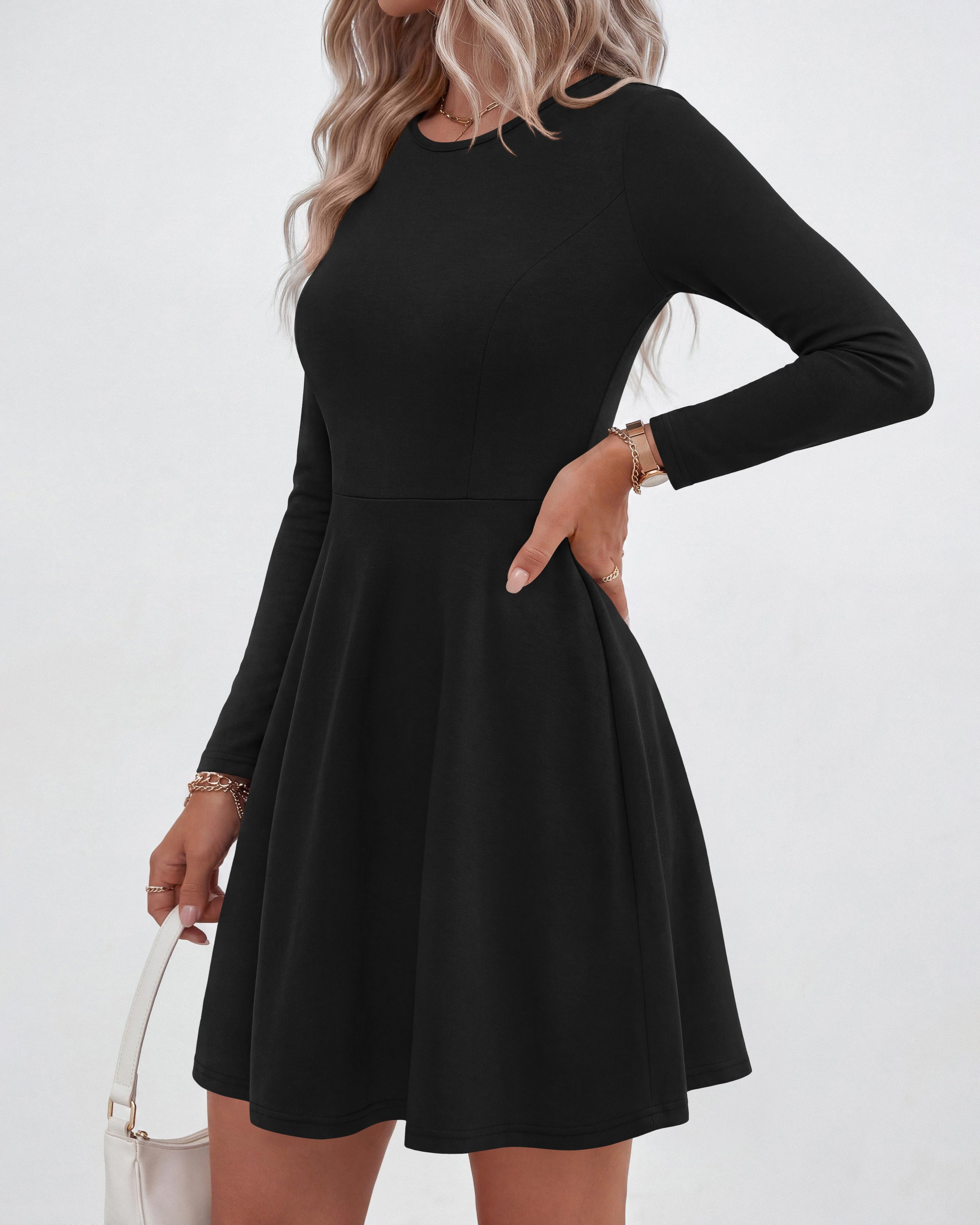 PRETTYGARDEN Women Basic Long Sleeve Crewneck Mini Dress