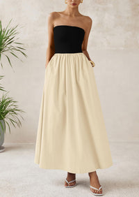 PRETTYGARDEN Women Summer Elegant Strapless Maxi Dress Tube Top Dress A Line Flowy Long Wedding Party Cocktail Dresses