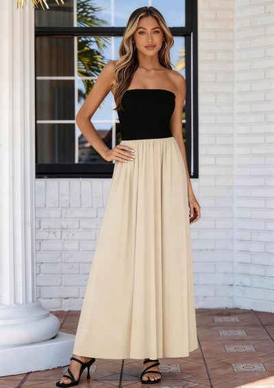 PRETTYGARDEN Women Summer Elegant Strapless Maxi Dress Tube Top Dress A Line Flowy Long Wedding Party Cocktail Dresses