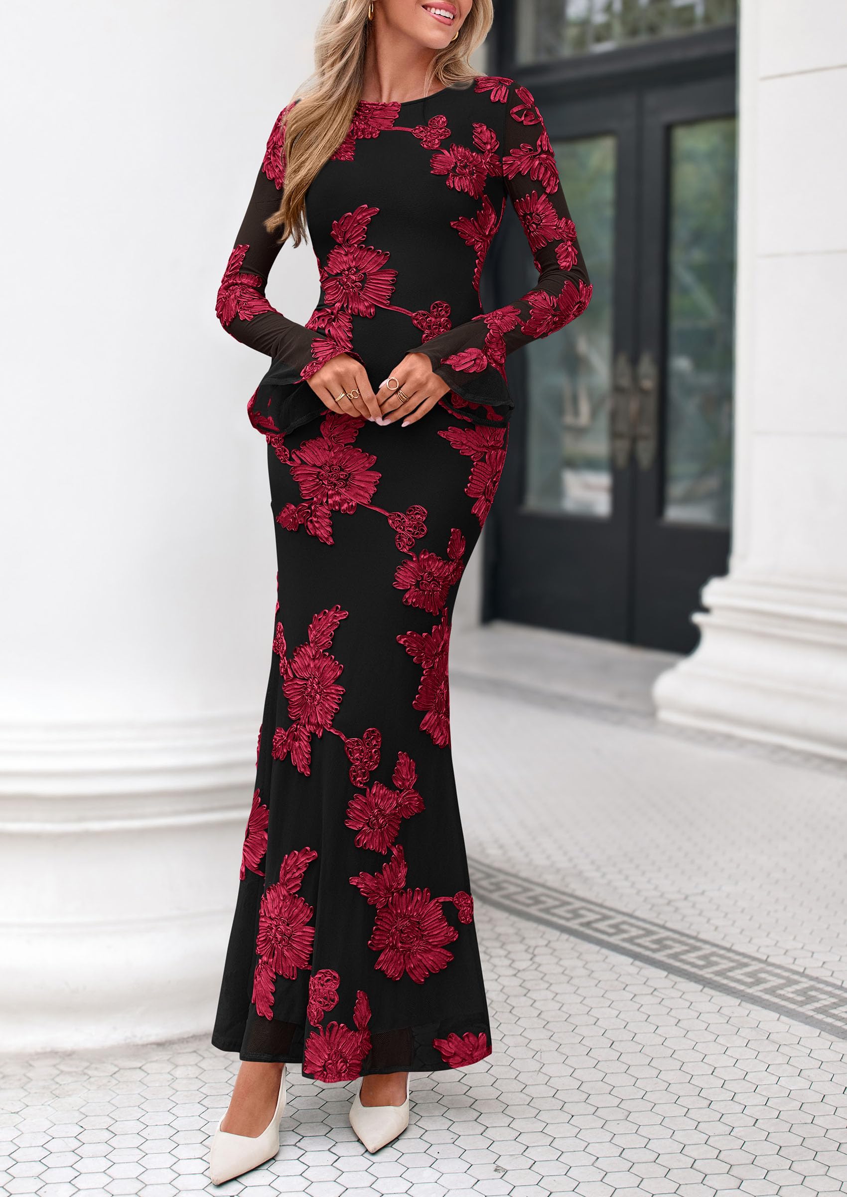 PRETTYGARDEN Women's Formal Floral Maxi Bodycon Dresses  Ruffle Long Sleeve, Fall Winter Outfits 2026 for Wedding Guest, Homecoming & Cocktail, Slimming Mesh Dress with Lining