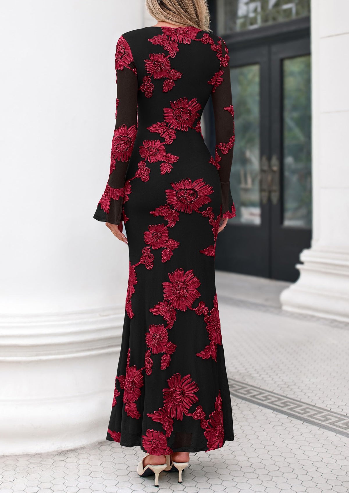 PRETTYGARDEN Women's Formal Floral Maxi Bodycon Dresses  Ruffle Long Sleeve, Fall Winter Outfits 2026 for Wedding Guest, Homecoming & Cocktail, Slimming Mesh Dress with Lining